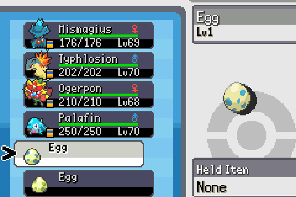 SoulGold party screen showing an Egg and its summary